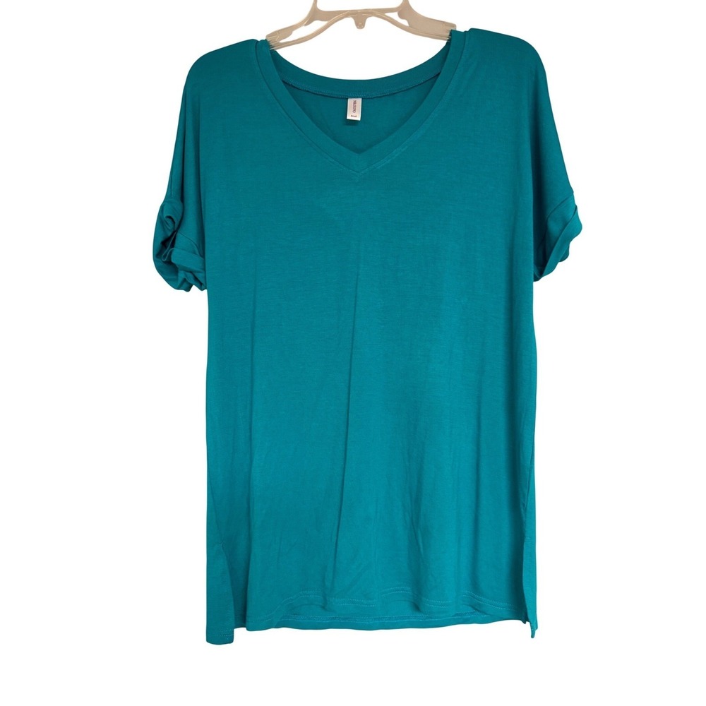 Niloufo Womens Teal Blue Cuffed Short Sleeve Tunic Top Round‎ Neck Size Small